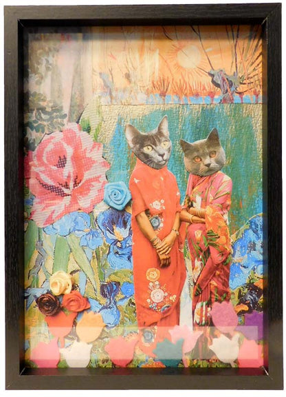 Collage 2 Catladies waiting for the sun in zwarte A4 boxframe