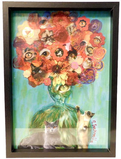 Collage Catflowers in zwarte A4 boxframe